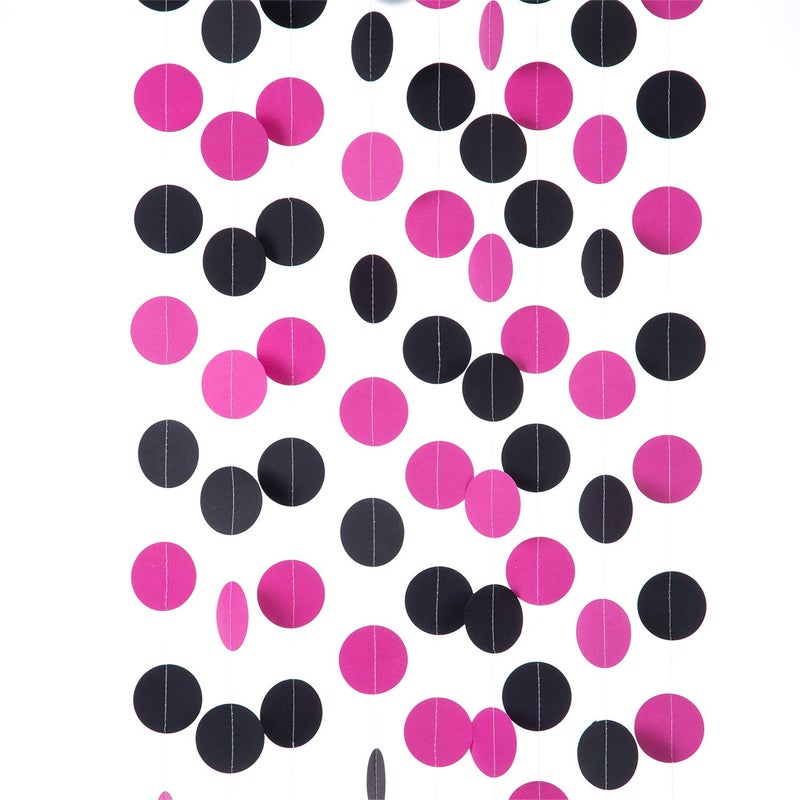 WEVEN Hot Pink and Black Paper Garland Circle Dot Party Banner Streamer Backdrop Hanging Decorations, 2" in Diameter, 3 pcs, 30 Feet in Total - Image 1